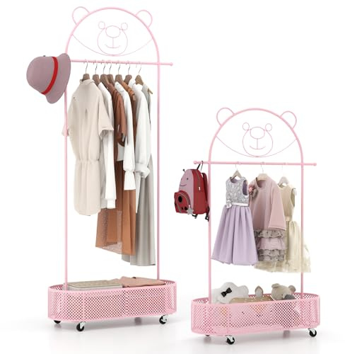 GOPLUS Barngarderob, barn med klädstång och hylla, klädställ barn med 3 justerbara höjder och hjul, tecknad garderob för barnrum och sovrum (rosa)