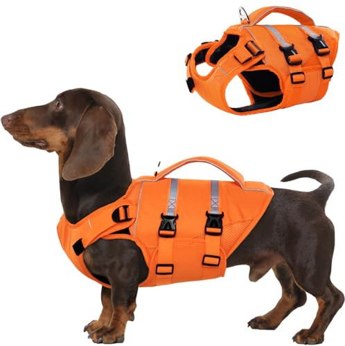 Kuoser Hundflytväst Liten, Räddningsväst för Hundar Flytväst med Handtag och Reflekterande, Justerbar Hundflytväst, Flytväst för Små Hundar med Förbättrad Flytkraft, Orange S