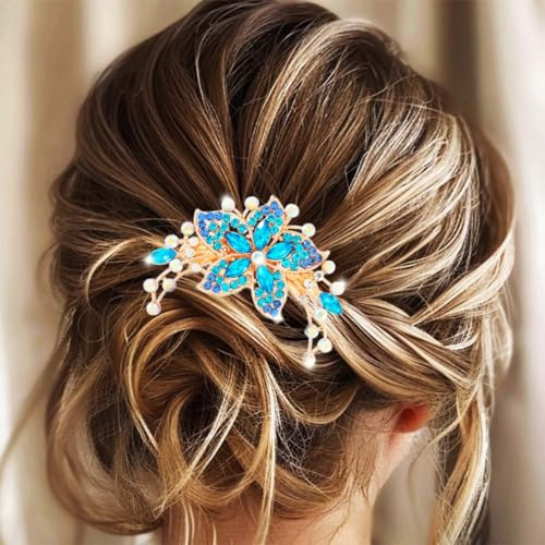 Jovono Haarkamm mit Strasssteinen für den Brautschmuck, goldfarben, für die Braut, Hochzeit, Blumen- und Kristallkristalle, Haarschmuck im Vintage-Stil für Frauen (Blau)