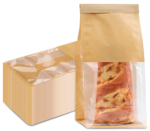 50 bolsas de panadería con ventana, 28 x 13 x 10 cm, papel kraft resellable para galletas, almacenamiento de pan, bolsas de estaño para embalaje de café, frijoles de caramelo, pan
