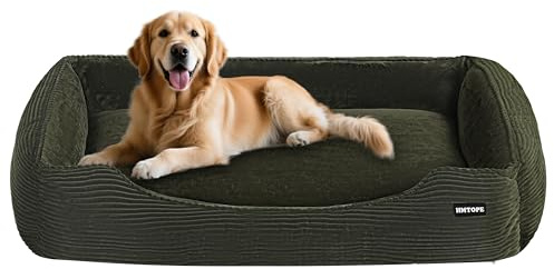 HMTOPE Cama para Perros, Sofá Ortopédico Perro Esterilla de Pana, S/M/L, Antideslizante, Desmontable y Lavable, Suave y Transpirable, Verde Oliva, 110 x 85 x 27 cm