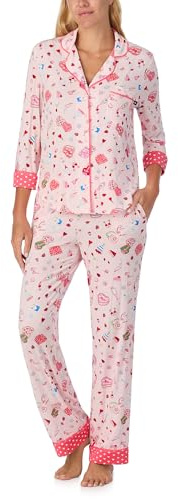 kate spade new york Pajamas for Women 2 Piece Set Comfy Modal Classic 3/4 Sleeve Notch Collar Button Top & Pants, Pink True Love, Small