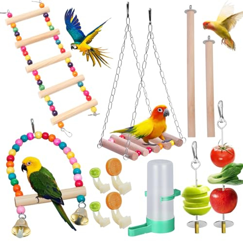 12 Pièces de Jouet Perroquet en Bois Perchoir Balançoire Échelle Hamac Accessoires Pratiques pour Cage à Oiseaux Idéal pour Cockatiels Perruches Canaris Perruches et Autres Oiseau