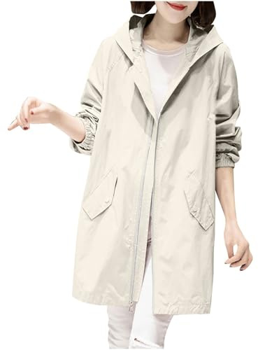 Generico Trench Donna con Cappuccio Giacca a Maniche Lunghe Leggera e Traspirante Antivento Spolverino Donna Primavera Estate Cappotto Softshell Coat Calda con Tasche Autunno Moda