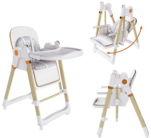Foldable High Chair for Babies and Toddlers, Portable Baby Swings for Infants, Baby High Chair with Wheels, Adjustable Backrest, Footrest, Tray, Seat Height, PU Cushion, 5-Point Harness, White