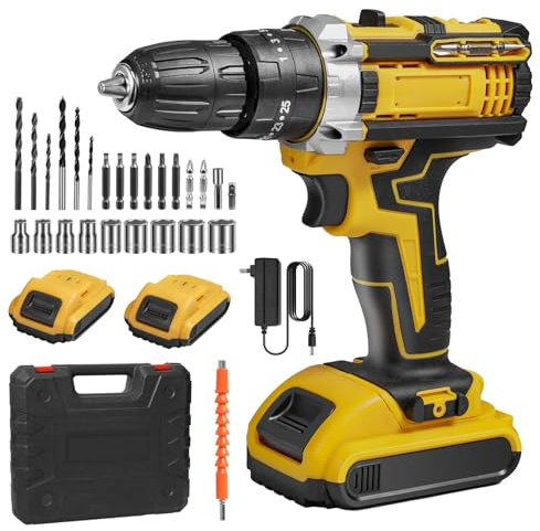 Cordless Drill 18V,25+1 Gear Torque,2*Batteries,Maximum Torque 45 Nm,24*Accessories,3/8 Inch Chuck,Two Speed Settings,LED Lighting,for Home and Garden DIY Project (Yellow 18V)