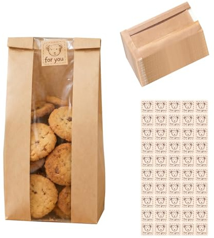 50 Pcs Small Bakery Bags with Window, Kraft Brown Paper Bread Bags with 50 Stickers, Greaseproof Food Packaging for Cookie, Cupcake, Snack, and Sandwich Storage (23x12x5 cm)