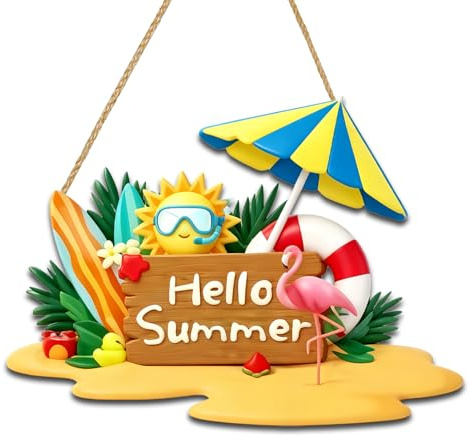 VARACL Wooden Hello Summer Door Sign Decorations, Summer Beach Welcome Door Wreaths for Front Door Porch Garden Hanging Decor, Beachy Wreath Wall Signs Home Office Indoor Outdoor Decor