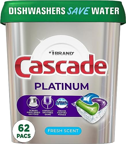Cascade Platinum Dishwasher Pods, ActionPacs Detergent, Fresh, 62 Count