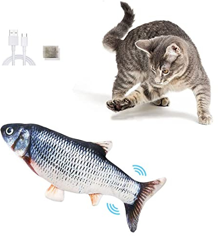 jiuhao Floppy fisk kattleksak, plysch realistisk elektrisk fisk kattmynta leksak för inomhuskatter, interaktiv floppande rörlig kattunge kudde tugga bitande flapping och sparka motoriserad kattleksak