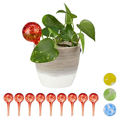Relaxdays 10 x Bewässerungskugel im Set, dosierte Bewässerung Pflanzen u. Blumen, Gießhilfe Büro, Urlaub, Ø 6 cm, Glas, rot