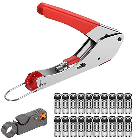 Juego de Alicates para Engarzar Coaxiales, Crimpadora de Cables Coaxiales, Kits de Herramientas para Engarzar Cables Coaxiales, Compatible con RG58, RG59, RG6 con Conectores de Compresión de 20 Pieza