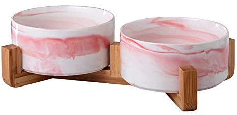 doppie ciotole in ceramica per cani medi da 15.5cm l'una in bambù, 2x850ml rialzate e sollevate da terra con base antiscivolo (DOPPIE 15.5 CM, MARMO ROSA)