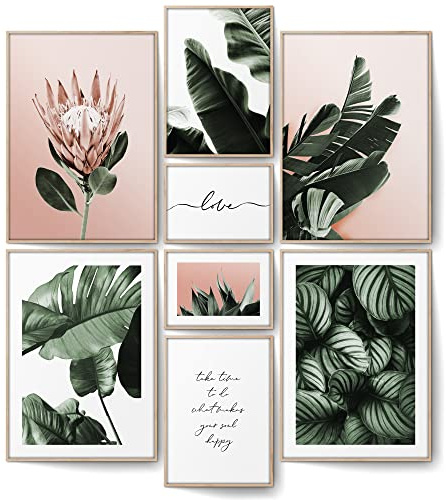 BLCKART Botanik Rosa Poster Set – Blumen & Pflanzen Wandbilder in Rosa Grün für Wohnzimmer, Schlafzimmer & Büro (4x A3 | 2x A4 | 2x A5 | ohne Rahmen | 8er Set)