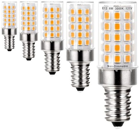 Ziomitus E12 C7 LED Candelabra Light Chandelier Bulbs Kx-2000 60 Watt Halogen Equivalent,Warm White 3000k T6 110V 120V Small Base E12 LED Bulbs 6W for Ceiling Fan Salt Lamp,550 lm(5Pack)