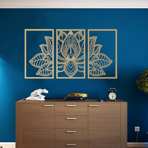 ESTART Großes Lotus-Blume-Metall-Wanddeko 3-teiliges Set | Religion Glaube Mandala Heimwanddekoration für Wohnzimmer chlafzimmer Büro und Yoga-Raum (Gold, Klein)