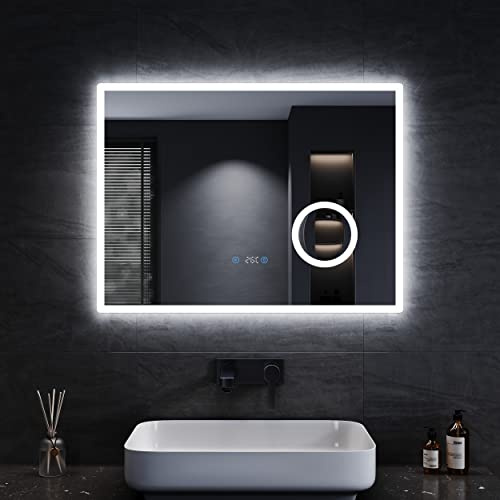 SONNI Badrumsspegel med belysning 80 x 60 cm, anti-dimma, LED-badrumsspegel, ljusspegel, väggspegel med touchbrytare, klocka, temperatur, 3-vägs förstoring
