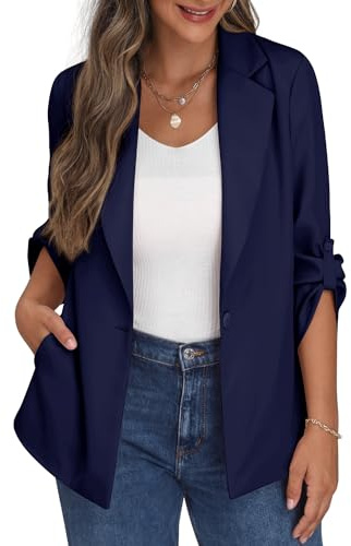 PrinStory Blazer ouvert sur le devant pour femme - Veste blazer à manches réglables avec des poches à boutons, bleu marine, 48 FR/50 FR