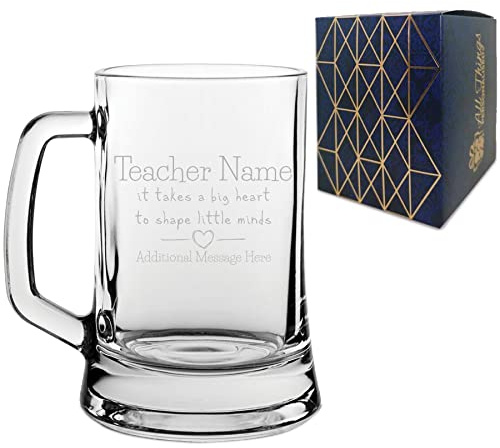 Personalised Engraved Teacher Gift Beer Mug Stein with A Big Heart shapes Little Minds Design, Personalise with Any Name and Message, Gift Box Included, Laser Engraved, Teacher End of Term School Gift