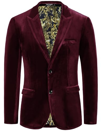 PJ Paul Jones Blazer de Terciopelo para Hombre, con Dos Botones, sólido, Ajustado, Deportivo, para Cena, graduación, Boda, Negro Rojo, Large