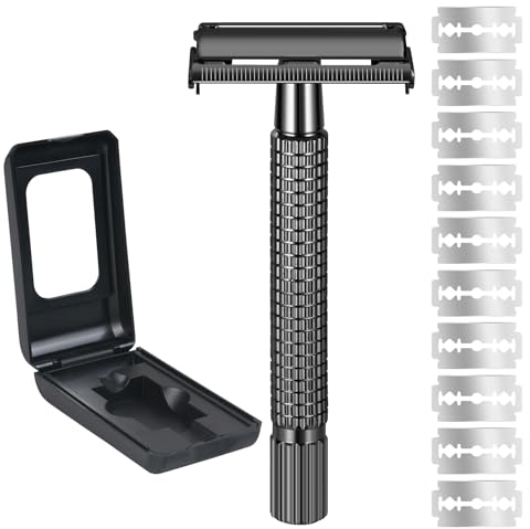 URAQT Doppia Lama Rasoio, Rasoio di Sicurezza Safety Razor con 10 Lamette, Rasoio Sicurezza Idea Regalo Uomo per Cura della Barba(Nero)
