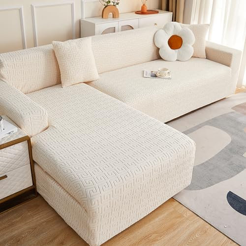 ZCXRYFL Stretch Sofa üBerzug 1/2/3/4 Sitzer Kombination Ecksofa Couch BezüGe L-Form Sofabezug Rechts/Links Halbinsel Universal, Rutschfester Jacquard Sofaschoner Mit 1 Kissenbezug(150-200cm,Beige)