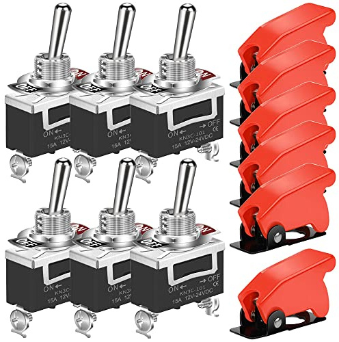 GUUZI 10A/12VDC, 6A/24VDC Interrupteur à Bascule Robuste SPST 2Pin Interrupteur Marche/Arrêt Barre Métallique avec Couvercle de Sécurité Avion Rouge -Lot de 6