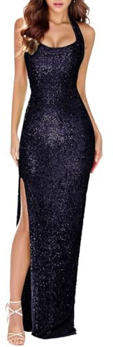 Pailletten Kleid Damen Lang -Neckholder Abendkleid Damen Glitzer Cocktailkleid Elegant Bodycon Glitzerkleid Partykleid mit Schlitz Bleistiftkleid Maxi Kleider Frauen Abendkleider für Hochzeit