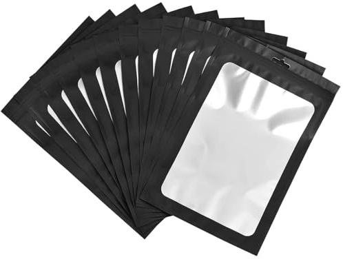 100 Sacchetti di Alluminio Riutilizzabili Impermeabili con Zip, Nero Mylar - Per Dolci, Gioielli, Caffè e Collezionabili - Design Piatto Con finestra trasparente- 6 x 10cm