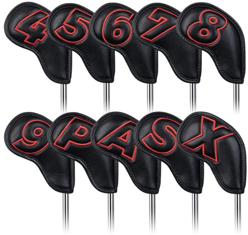 Craftsman Golf 10pcs Red No. on Both Sides Magnetic Closure Classic Black Leather Iron Headcover Covers Set Travel Cases Protector Available Custom with Name