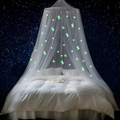 Moskitonetz Bett für Doppelbett Einzelbett, Insektenschutz Bett mit Fluoreszierenden Sternen, Hochwertiges XXL Reise Mückennetz Bett, Feinmaschiges Betthimmel Bett für Reise Zuhause und Indoor Outdoor