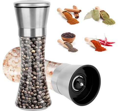 2 pcs Molinillo Pimienta, RISVOWO 180ml Molino de Especias Vidrio, Ajustable Molinillo de Sal y Pimienta Con molino de cerámica