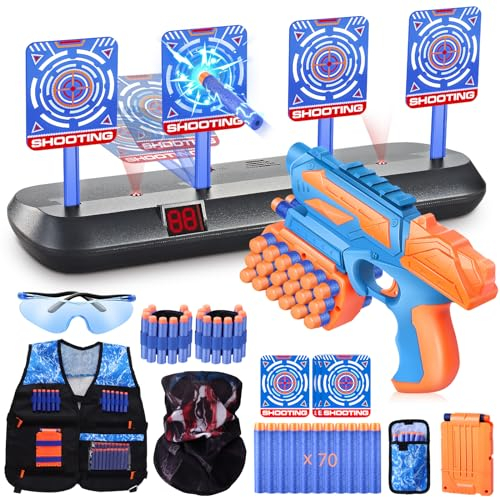 JONRRYIN Zielscheibe Spielzeug Pistole mit 4 Elektrischen Zielen, 70 Schaum Darts, Licht und Sounds, Taktische Weste - Geschenk für Kinder