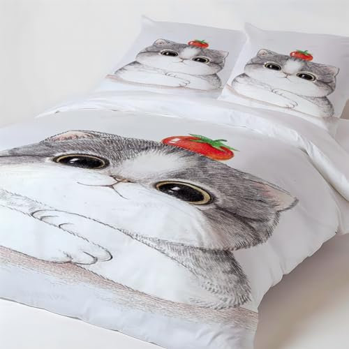 Bettwäsche 140x200 Bettbezug Winter Bettwäsche-Sets Katze Mit GroßEm Gesicht 3D Muster Weich Baby bettwäsche Set Hypoallergen Kinder bettwäsche mit 2 Kissenbezüge 80x80 cm