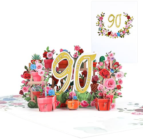 Pop-Up-Karte zum 90. Jahrestag, Geburtstagskarte, Karte zum 90. Hochzeitstag, Blume Pop Up Grußkarten, 3D Pop Up Karte Geburtstag Grußkarte für Frauen Mütter Ehefrau Männer Freunde