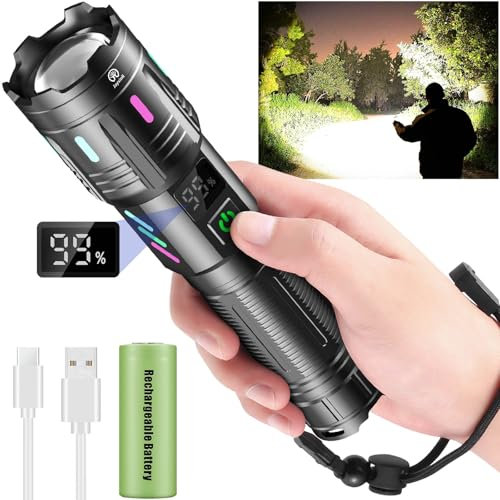 Jayxinli Torcia LED Potente Professionale 500000 Lumen, Ricaricabile, Tattica, Potentissima, 5 Modalità di Luce, Zoomabile, Schermo LCD di Visualizzazione Della Batteria