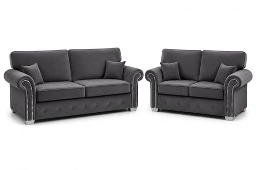 Hugo 3+2 Sofa Set Grey Plush Velvet – Luxury Chesterfield Style 3 Seater & 2 Seater Sofas with Scroll Arms, Silver Stud Detailing & Deep Cushions