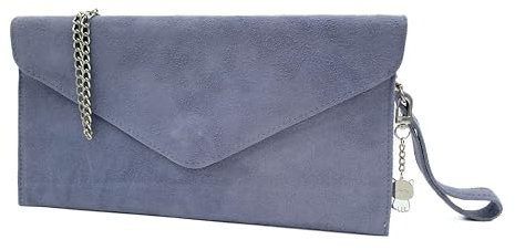 Women's Italian Genuine Suede Envelope Style Clutch Handbag Evening Bag With Wristlet & Chain Strap-LILAC