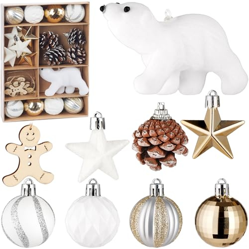 BRUBAKER 24 Stück Christbaumschmuck mit Eisbär Kugel - Weihnachtskugel Set | mit Tannenzapfen, Lebkuchen Anhänger aus Holz, Glitzer Sternen und gemusterte Baumkugeln - Weiß, Gold und Braun