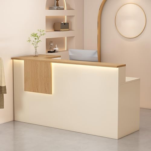 STCERY Empfangstheke Modern, Rezeption Mit Theke, Einfach modern Eck-Kassen-Stehtisch, Empfangstheke mit Schubladen & Schrank, für Firmenhallen, Hotelrezeptionen, Konditoreien(Light Yellow B)