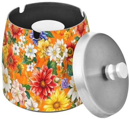 Edelstahl-Zigarren-Aschenbecher mit Deckel oder Hausgartendekoration, Blumen, Dahlie, Narzissen, Orange, für den Außenbereich, Terrasse, Innenbereich, kühl, rauchfrei