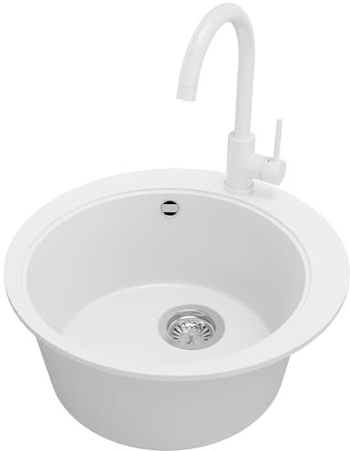 PRIMAGRAN Fregadero Granito al Mueble 45cm + Grifo, 50x50cm | Set: Grifo BW5010 + Kit de desagüe (sifón, válvula, rebosadero) + Pisa Top 1 Seno para Cocina, Blanco