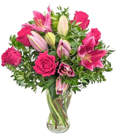 Hand-Tied Fresh Flower Bouquet: Pink Roses and Lilies delivered for Birthdays & All Occasions!