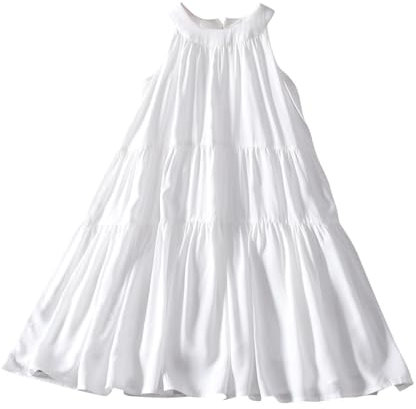 duxyoz Princess White Dress for Girl Solid Colour Sundress Lightweight Cotton Casual Summer Dresses A-Line Flowy Tween Girls Kids Toddler Swing Party Festive Dress Playwear Dresses Outfit 9-10 Years