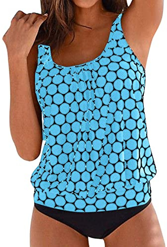 Tankini Set Kvinnor Hög Midja Push Up Tankini Två Delar Strandkläder Sommar Plus Size Baddräkter Kurviga Simning Baddräkt Dam Bukkontroll Pool Strand Toppar Och Shorts, Blå himmel, L