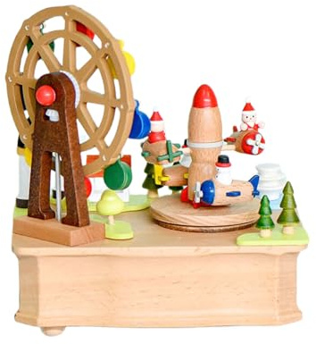 Songelt Caja de música giratoria de aviones y ruedas, decoración mecánica de madera, adorno mecánico para oficina en casa con melodías de madera