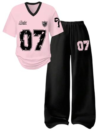 SOLY HUX Girl's Jersey Shirt 2 Piece Athletic Outfits Oversized Tee and Sweatpants Suit Pant Sets for Teen Girls Pink and Black 12 Years