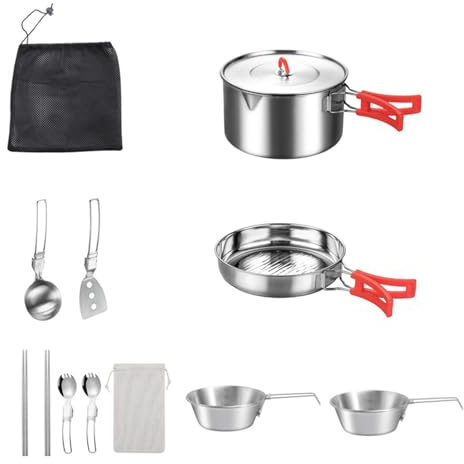 Kit d'ustensiles de cuisine de camping - En acier inoxydable - Avec sac de transport - Pour l'extérieur, le jardin, les pique-niques, la randonnée, la pêche, les voyages