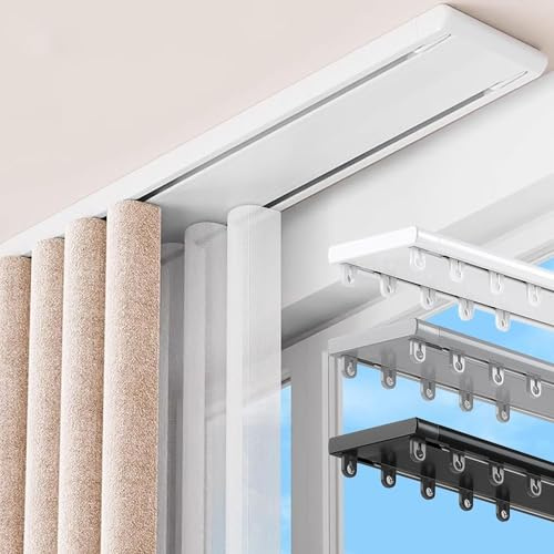 Sistema De Riel De Cortina Doble Aluminio Rieles De Cortina De Techo con Rodillos Silenciosos Cualquier Espacio Apto para Cortinas Transparentes Y Opacas(White,1.1m)