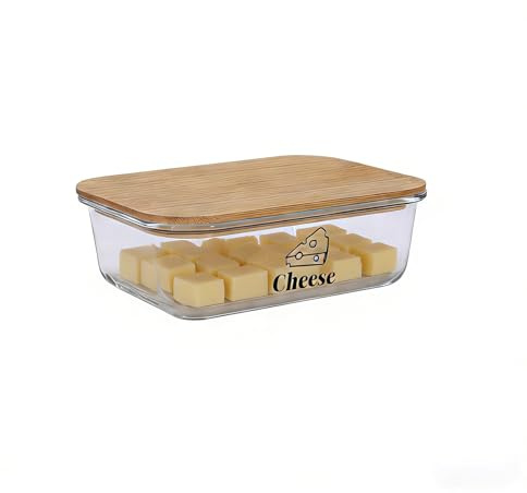 Hynorian Käsedose Kühlschrank aus Borosilikatglas mit Bambusdeckel, 1520 ml | Käsebox Kühlschrank Transparent mit Silikonring für gut sichtbaren Inhalt bei Frühstück, Abendbrot und Snackpausen